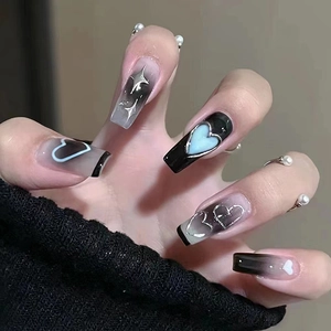 Black Gray Gradient Press On Nails Long Ballerina Coffin Shape Heart Star Pattern Full Cover Fake Nails For Women