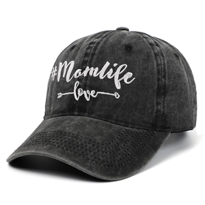 Vintage washed dark grey cotton baseball cap with Momlife love embroidery for men and women
