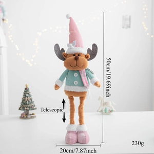 Detail of telescopic plush reindeer doll decoration with pink hat and striped scarf