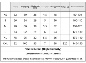 Size chart detail for high waist denim shorts showing waist and hip measurements in cm