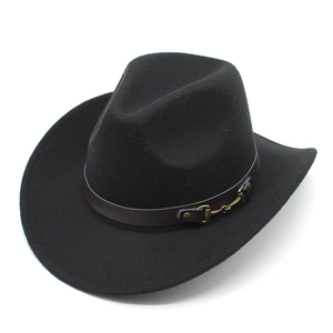 Close-up of the western cowboy hat featuring a black felt texture and golden horsebit buckle