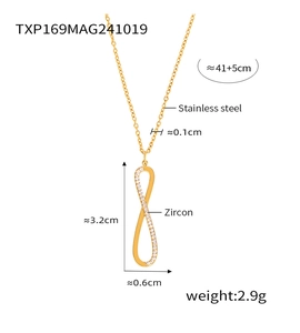 Detailed view of infinity pendant necklace with zirconia size and chain dimensions