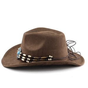 Detailed side view of a brown suede western cowboy hat featuring turquoise bead accents