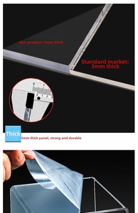 Detailed view of 5mm thick transparent acrylic shelf panel with calipers measurement