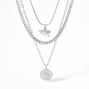 Three-layer stainless steel necklace featuring sunburst and coin pendants with zircons