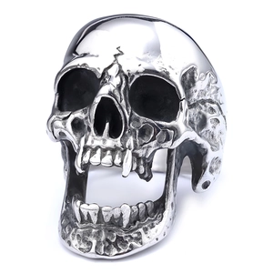 Gothic long-toothed zombie skull ring in black polished stainless steel for men