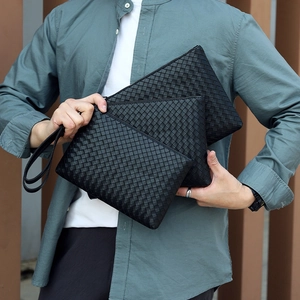 Three-piece black woven leather men's clutch bag set with premium metal zippers
