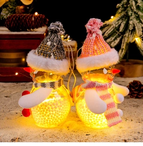 Close-up of glowing snowman ornaments with foam beads and warm festive LED lights