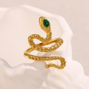 Exquisite 18K gold plated stainless steel snake ring with green teardrop stone