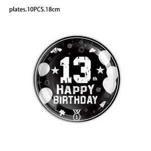 Set of 10 disposable 18cm black paper plates with 13th Happy Birthday theme design