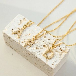Chic gold-plated titanium steel chain necklaces with zircon-encrusted initial pendants