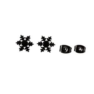 Pair of minimalist black snowflake stud earrings in stainless steel with metal backings