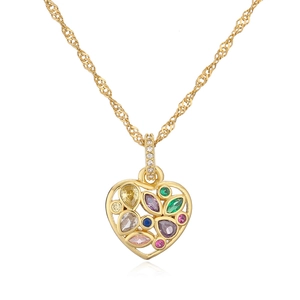18K gold plated heart necklace with colorful zircon gemstones and twisted rope chain
