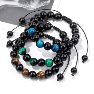 Three-piece set of 10mm tiger eye and black bead braided bracelets for men and women