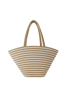 Retro brown and white striped cotton rope woven tote bag with flat lay styling