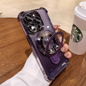 Detail of purple transparent magnetic iPhone case with foldable stand and reinforced corners