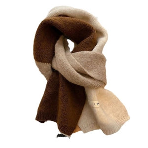Brown and beige color block knitted winter scarf for women in soft wool blend style