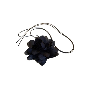 Elegant black fabric camellia flower choker necklace with long adjustable ribbons for women