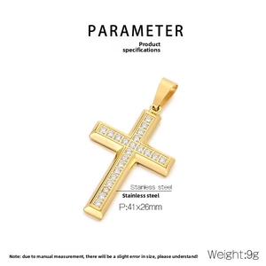 Detailed size chart for golden stainless steel cross pendant with cubic zirconia stones