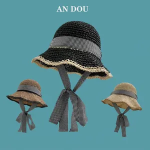 Women Woven Paper Straw Bucket Hat Wide Wavy Brim Breathable Gingham Ribbon Bow Summer Beach Sun Hat
