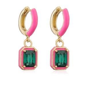 Detail of gold earrings with pink enamel and square emerald green crystals
