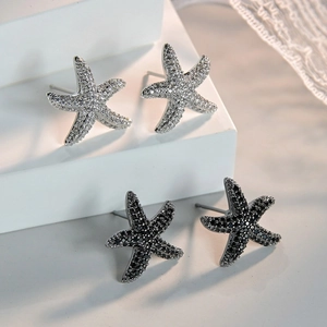 Elegant Copper Starfish Stud Earrings With Zircon Inlay And Silver Earring Post For Women Ocean Style Minimalist Accessory