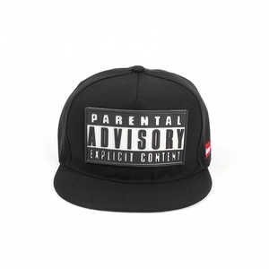 Classic black snapback hat with Parental Advisory logo on front and flat brim street style