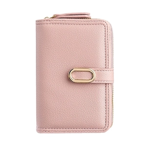 Pink litchi grain leather wallet for women with golden metal clasp and zipper closure