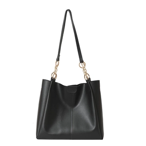 Classic black faux leather tote bag with gold chain accents and large capacity design