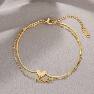 Double-layered 18K gold-plated titanium steel heart anklet with Love lettering and snake chain