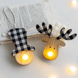 Christmas Wooden LED Glowing Hanging Ornaments Snowman Reindeer Buffalo Plaid Fabric Holiday Tree Home Decorations