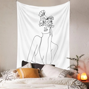Minimalist line art wall tapestry featuring abstract woman face and floral elements