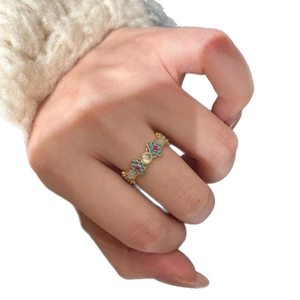 18k gold plated flower ring with blue and red cubic zirconia floral design for women