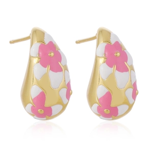 Golden teardrop earrings with pink and white enamel flowers and elegant mirror reflection