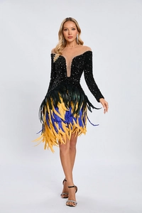 Detail of sequin bodice and vibrant tricolor feather hem on long-sleeve evening gown