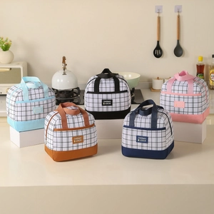 Waterproof insulated lunch bag with checkerboard pattern and convenient top handles