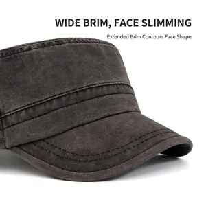 Men's washed cotton flat top military cap in charcoal grey with wide brim outdoor style