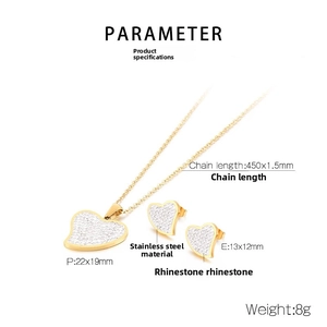 Detailed size chart for heart-shaped crystal pendant necklace and matching stud earrings