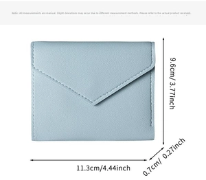Detailed dimensions of light blue slim leather wallet with envelope flap and dimensions