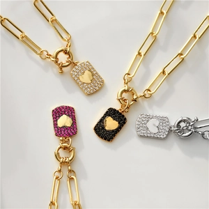 Brass AAA Zircon Necklace With Paperclip Chain Heart Star Rectangular Plate Pendant Gold Plated Jewelry For Women