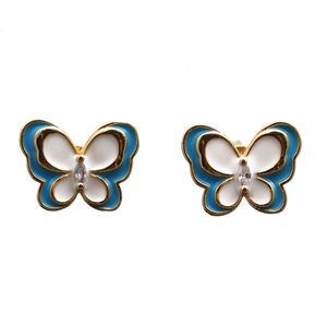 Elegant gold butterfly earrings with blue and white enamel and sparkling zircon accents