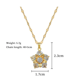 Detailed size specifications for gold five-petal flower necklace with rhinestone inlay