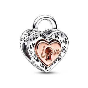 Charm lucchetto a cuore bicolore argento e oro rosa con incisione Love is love