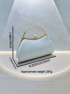 Elegant white pleated evening clutch with round gold handle and rhinestone buckle closure