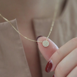 S925 silver necklace with 14k gold plating and micro-pave round pendant for women