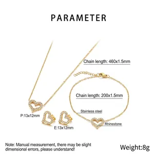 Detailed specs of gold heart jewelry set made of stainless steel with rhinestones