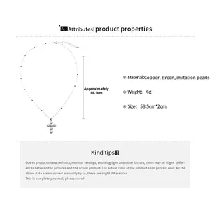 Detailed view of zircon cross pendant necklace with pearls and product dimensions