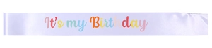Detail of satin birthday sash with It's my Birthday text for party celebration decor