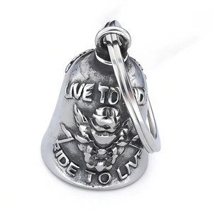 Vintage stainless steel bell pendant featuring Live to Ride engraving on white background