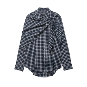 Women Plaid Blouse Shirt Long Sleeve Polyester Checked Asymmetrical Cape Overlay Button Down Chic Elegant Top